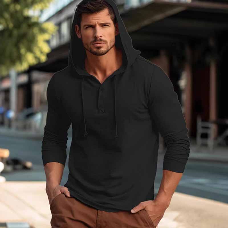 Sudadera con capucha deportiva informal de manga larga en color liso para hombre