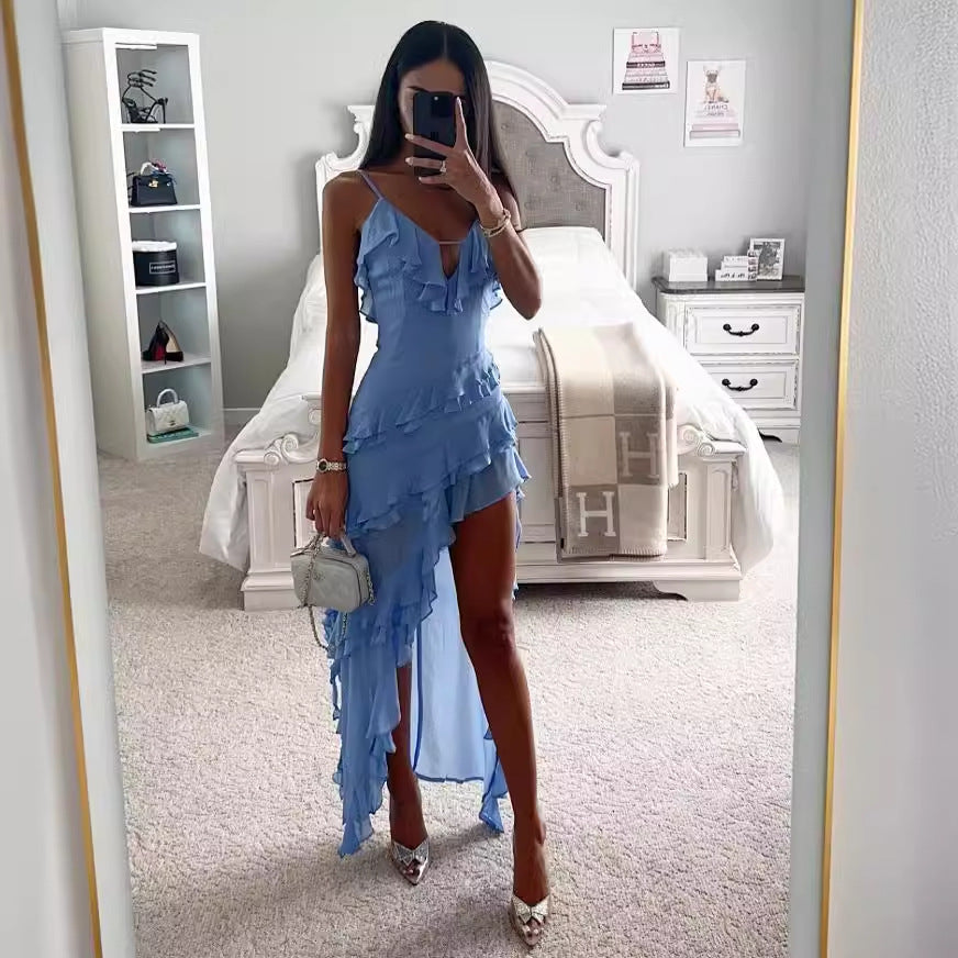 Women Sexy Irregular Ruffled Spaghetti Strap Dress in Sky Blue