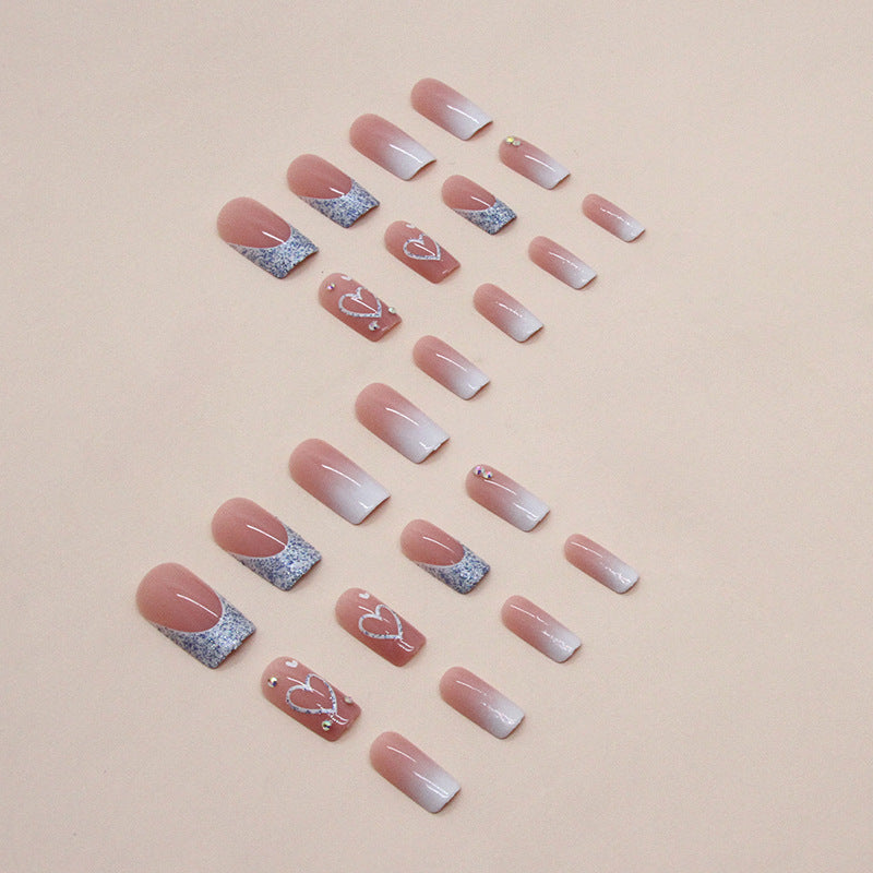 Faux ongles mi-longs carrés et brillants à paillettes, motif cœur blanc dégradé, style French manucure