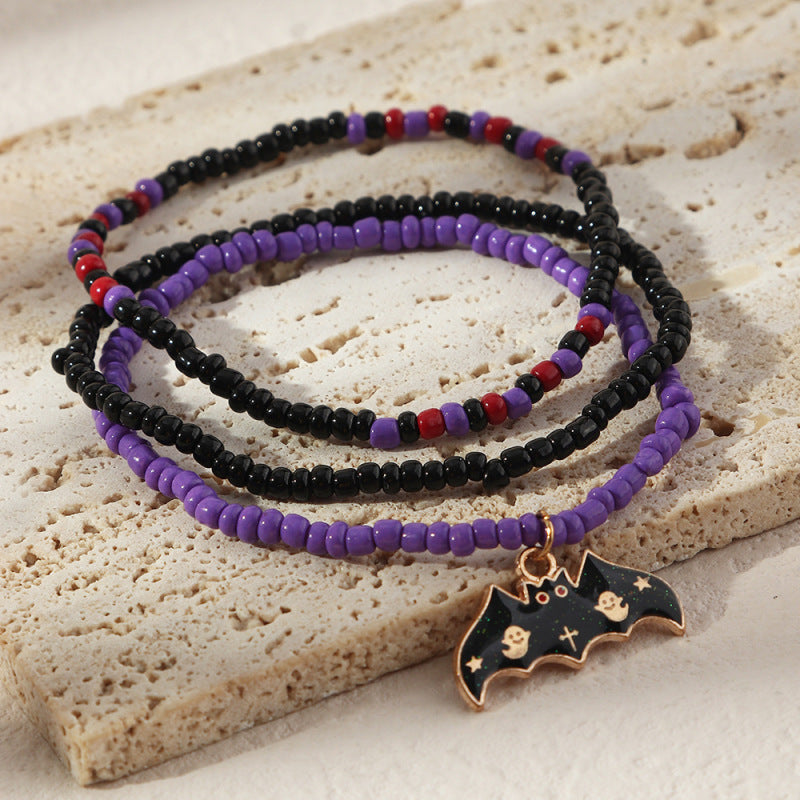 Conjunto de pulsera de Halloween con cuentas de aleación de calabaza y murciélago de colores variados retro a la moda para mujer