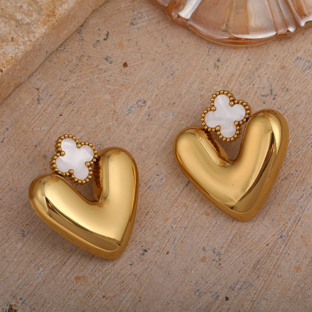 Personalized Heart-Shaped Four-Leaf Clover Earrings Stainless Steel Fashion OL