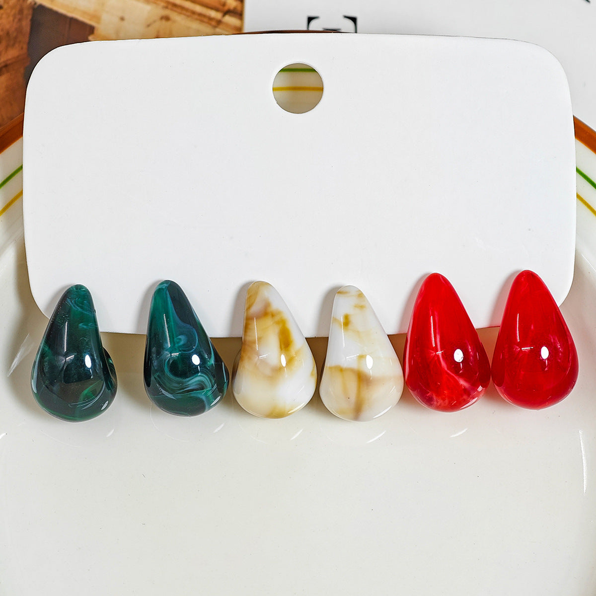 Women Fashion Solid Color Resin Water Drop Earrings 3-Pair Set