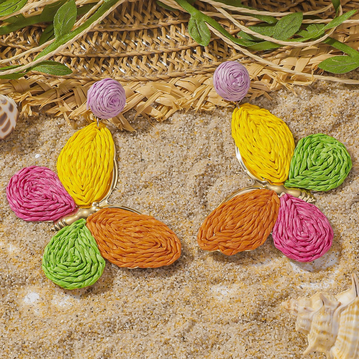 Boucles d'oreilles papillon multicolores en raphia pour femmes