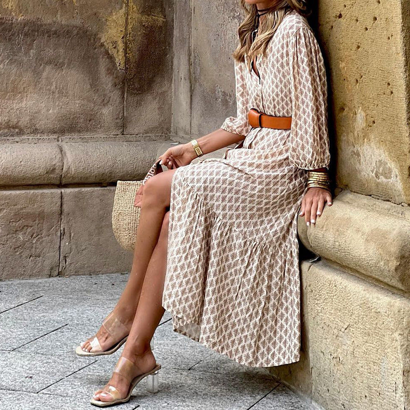 Robe ample décontractée imprimée à col en V et manches longues pour femme avec jupe trapèze