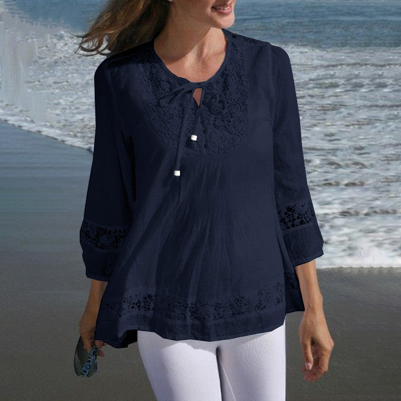 Blusa informal de lino y algodón de color liso para mujer