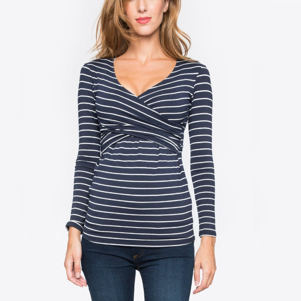 T-shirt décontracté à rayures et col en V pour femme enceinte