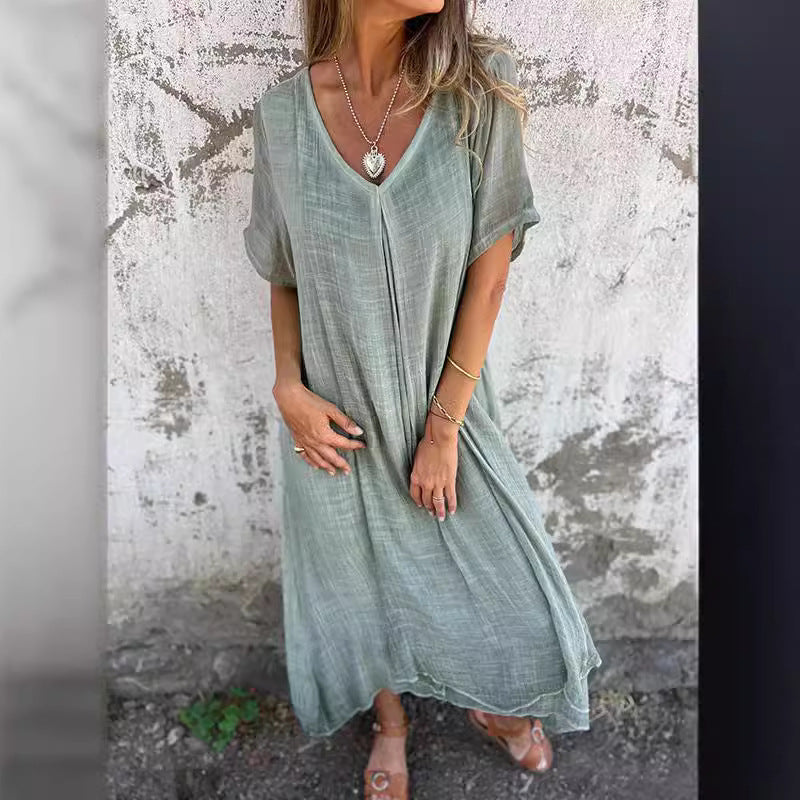 Vestido informal de verano para mujer, holgado, de algodón y lino con cuello en V
