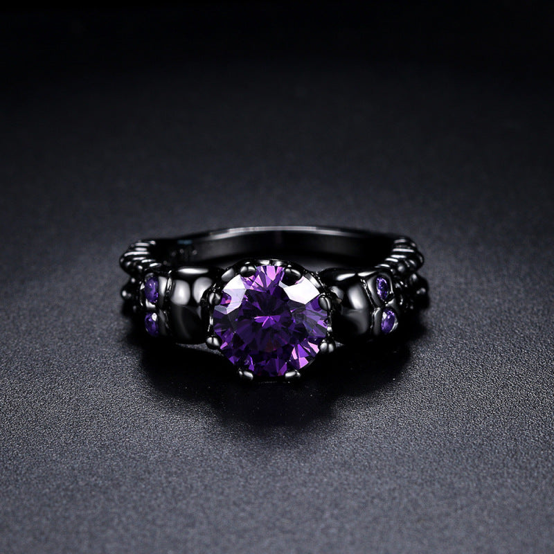 Anillo unisex de calavera de cobre con circonita morada para Halloween