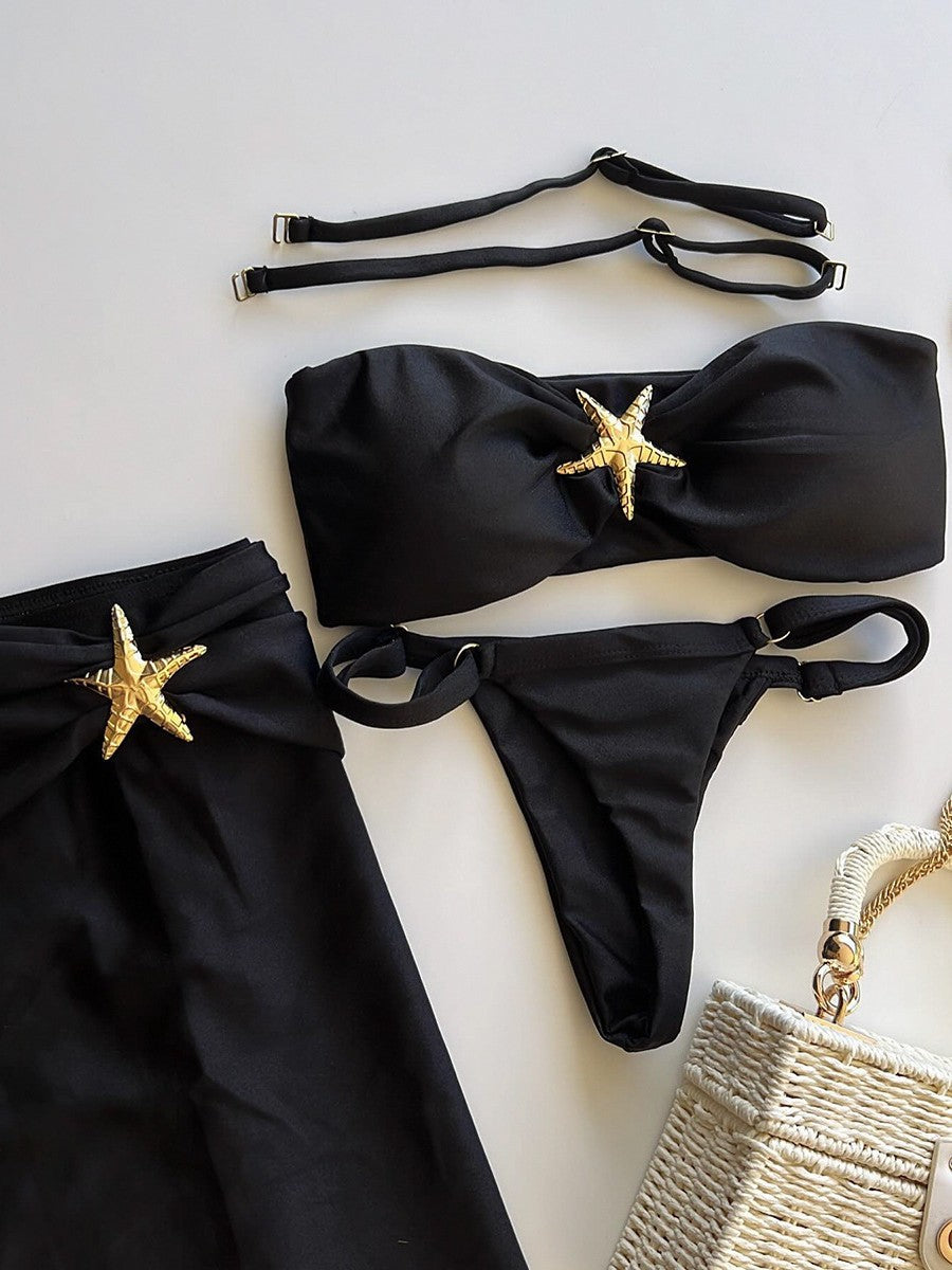 Traje de baño de tres piezas con hebilla de estrella de mar de color sólido sexy para mujer