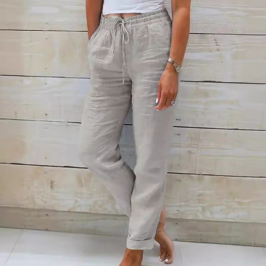 Women Casual Solid Color Cotton And Linen High-Waist Lace-Up Pants
