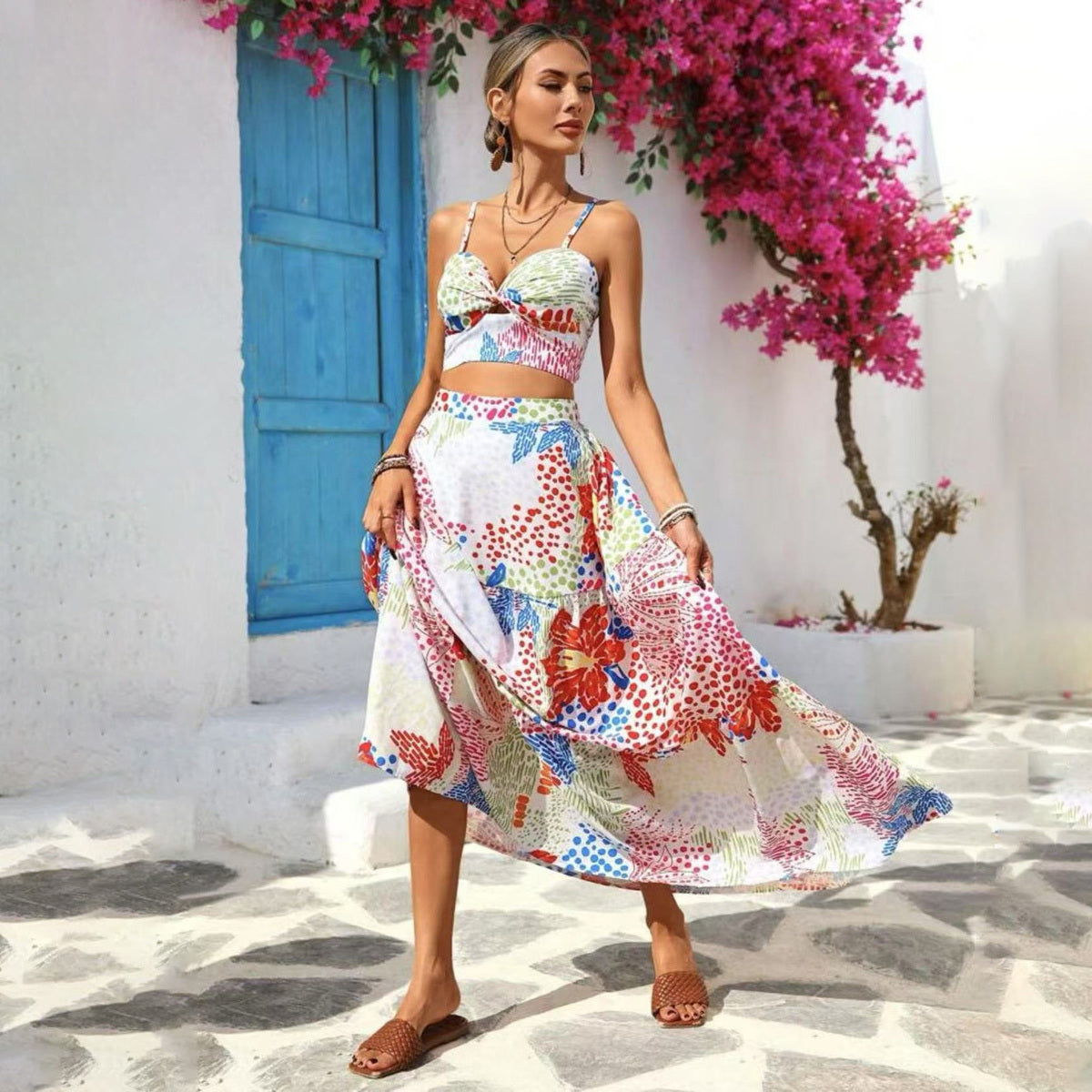 Women Fashion Sexy Printed Camisole and Loose Skirt Two-Piece Set