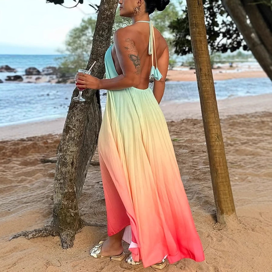 Robe dos nu à col licou et dégradé tendance pour femme en polyester