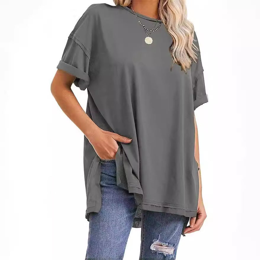 Women Casual Solid Crewneck Loose Tee in Cotton