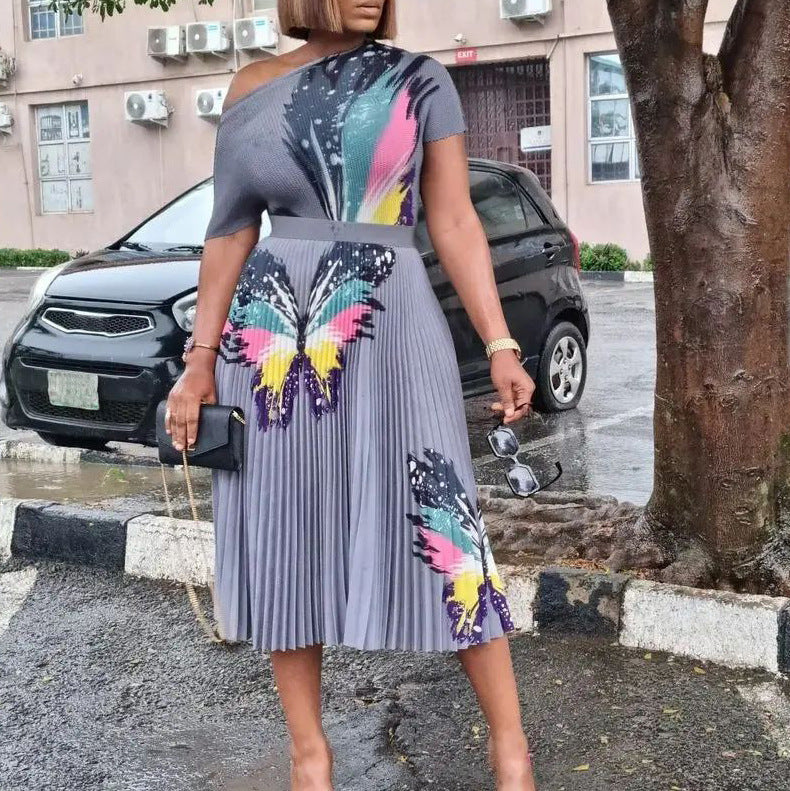Women Fashion Plus Size Butterfly Print Top & Skirt Set
