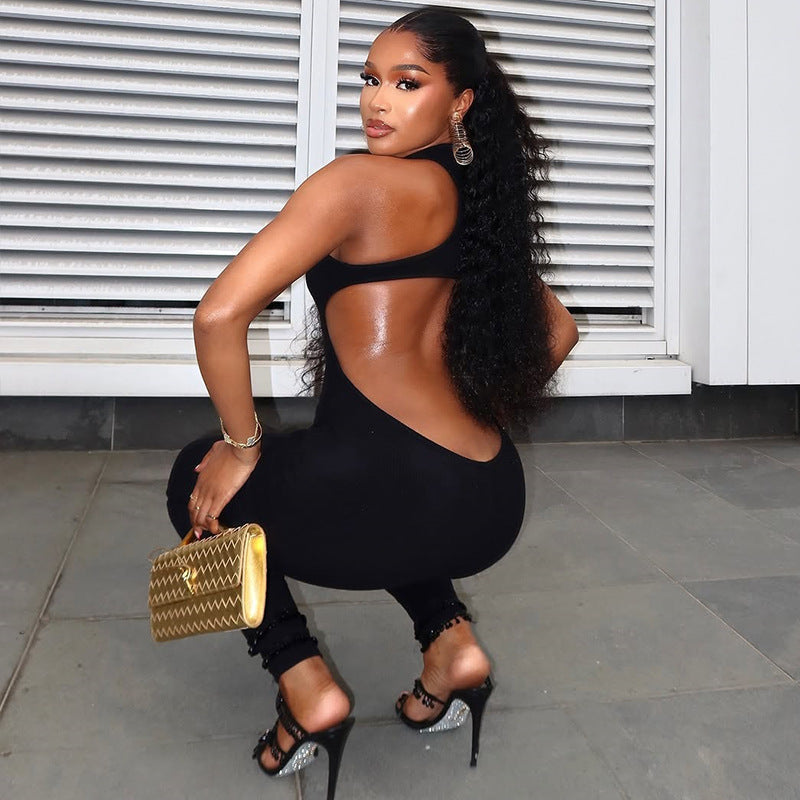 Women Fashion Sleeveless Backless Jumpsuit with Solid Color and Hollow-Out Design