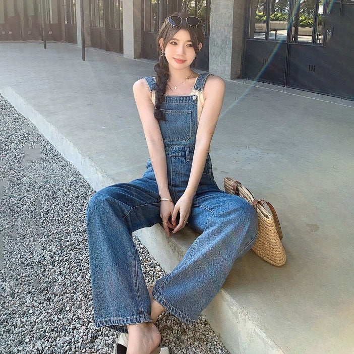 Women Fashion Casual Solid Color Wide Leg Denim Jumpsuits