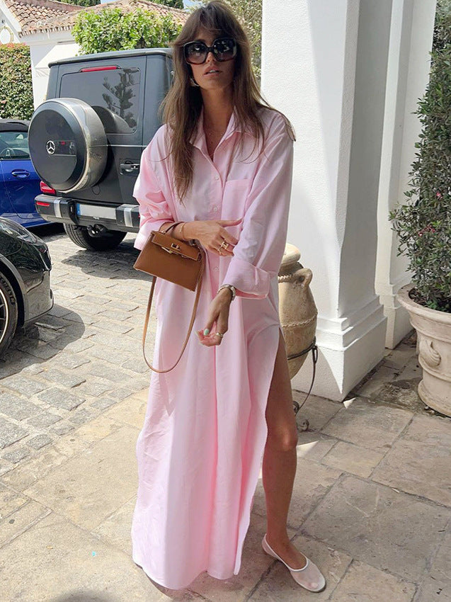 Vestido camisero informal de manga larga con solapa y abertura en color liso para mujer