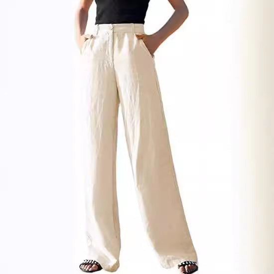 Pantalones casuales holgados de lino de pierna ancha a la moda para mujer