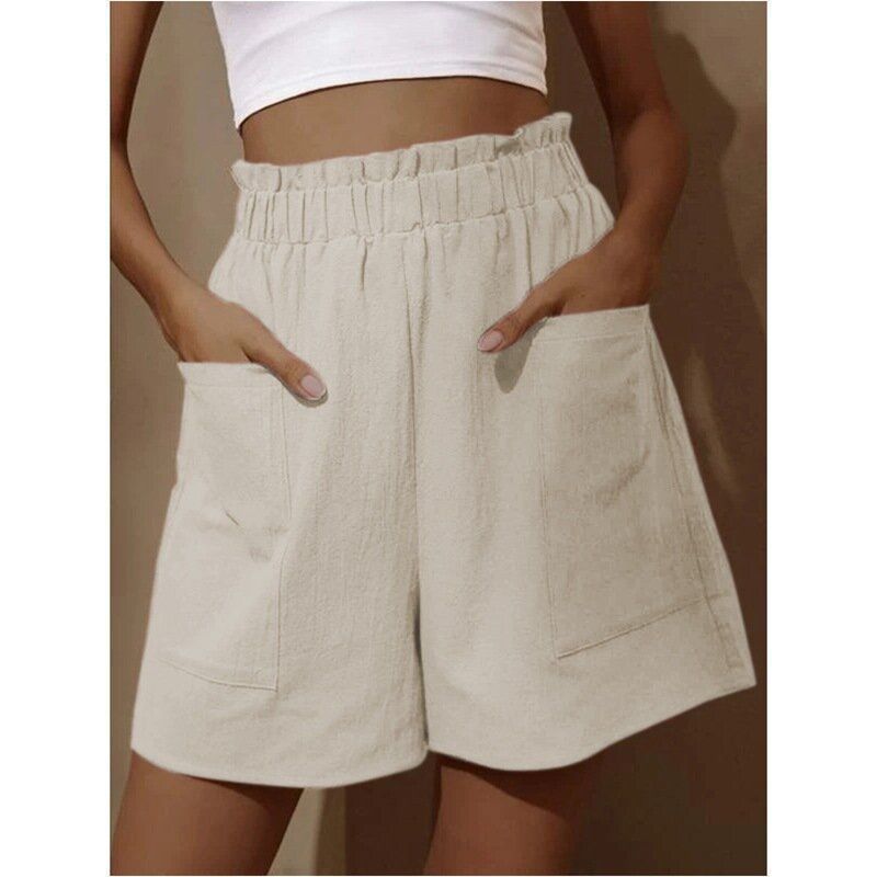 Pantalones cortos casuales de cintura alta de lino y algodón de color liso para mujer