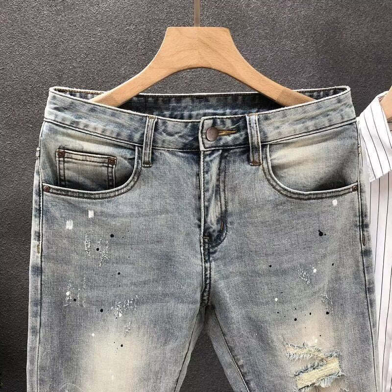 Vaqueros rasgados de talla grande, informales, de moda para hombre, con cintura alta y pierna recta