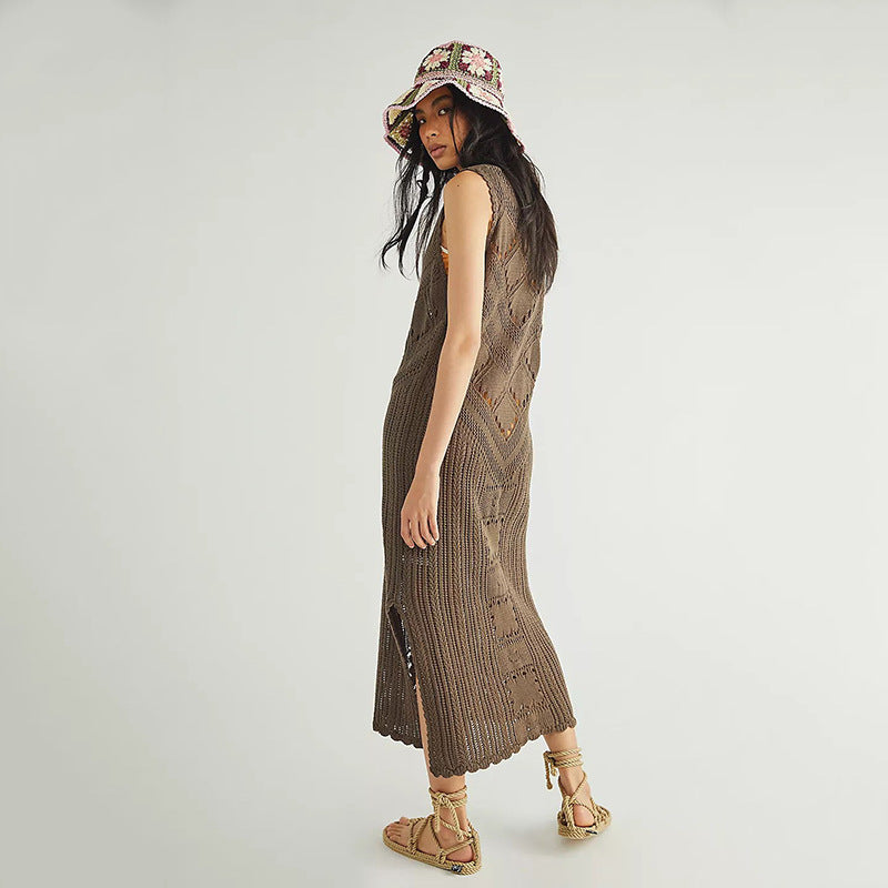 Women Fashion Casual Solid Color Knitted Sleeveless Swimsuit Cover-Ups