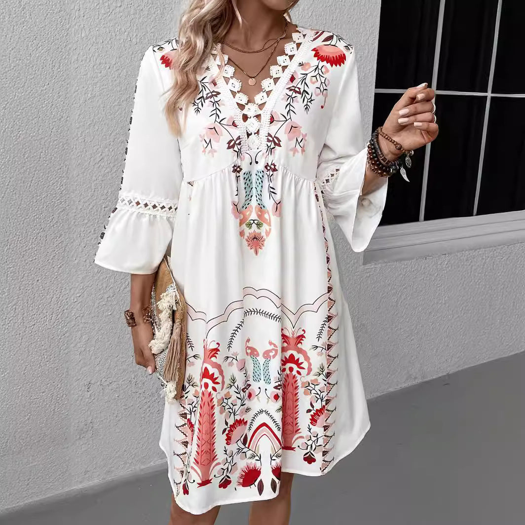 Bohemian Women Casual V-Neck Lace-Patchwork Printed Dress