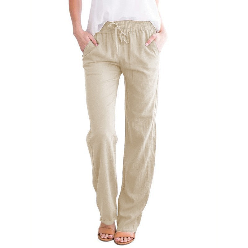 Pantalones casuales de algodón y lino de color sólido para mujer