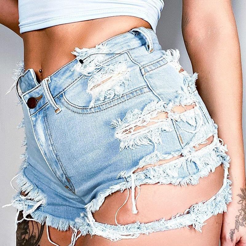 Women Summer Fashion High Waist Ripped Denim Shorts - Cotton & Viscose
