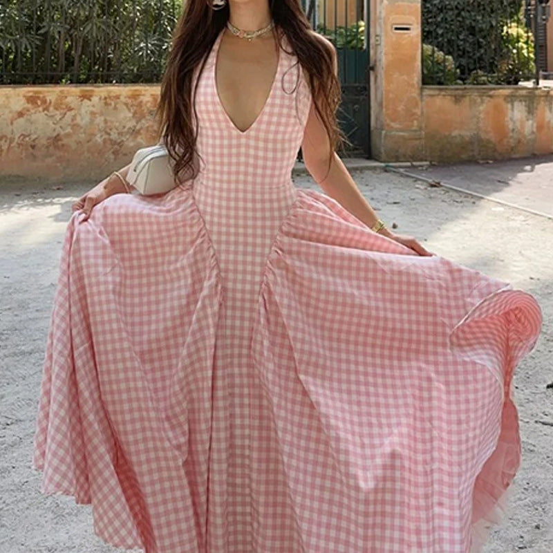 Robe élégante à col en V et imprimé quadrillé pour femme en polyester