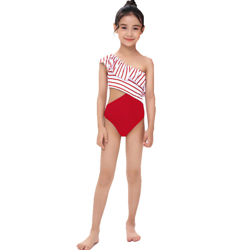Maillot de bain une pièce imprimé mignon à volants et épaules inclinées pour filles