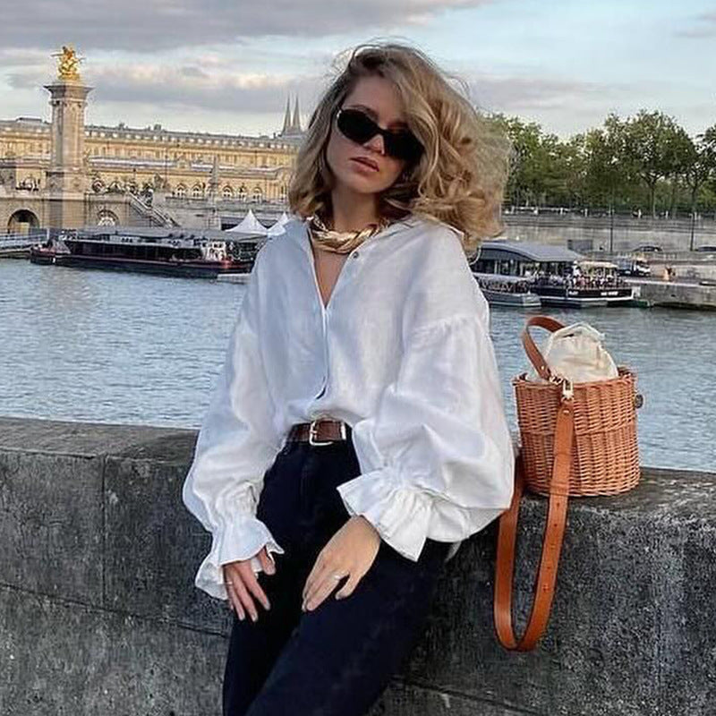 Blusa informal de manga farol con solapa para mujer