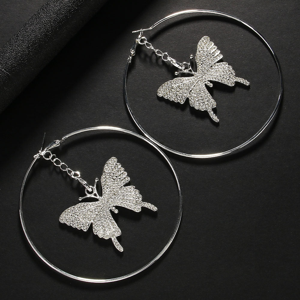 Boucles d'oreilles créoles papillon en strass à la mode exagérée