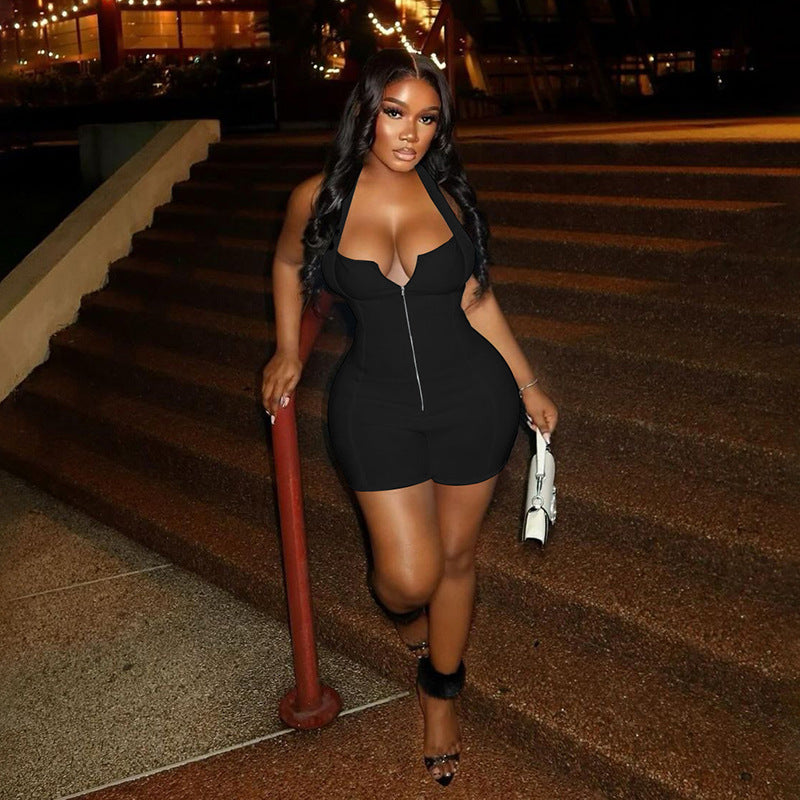 Women Fashion Sexy Solid Color Halter-Neck Rompers