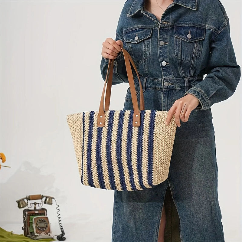 Women Casual Contrast Color Straw Woven Beach Tote Bag