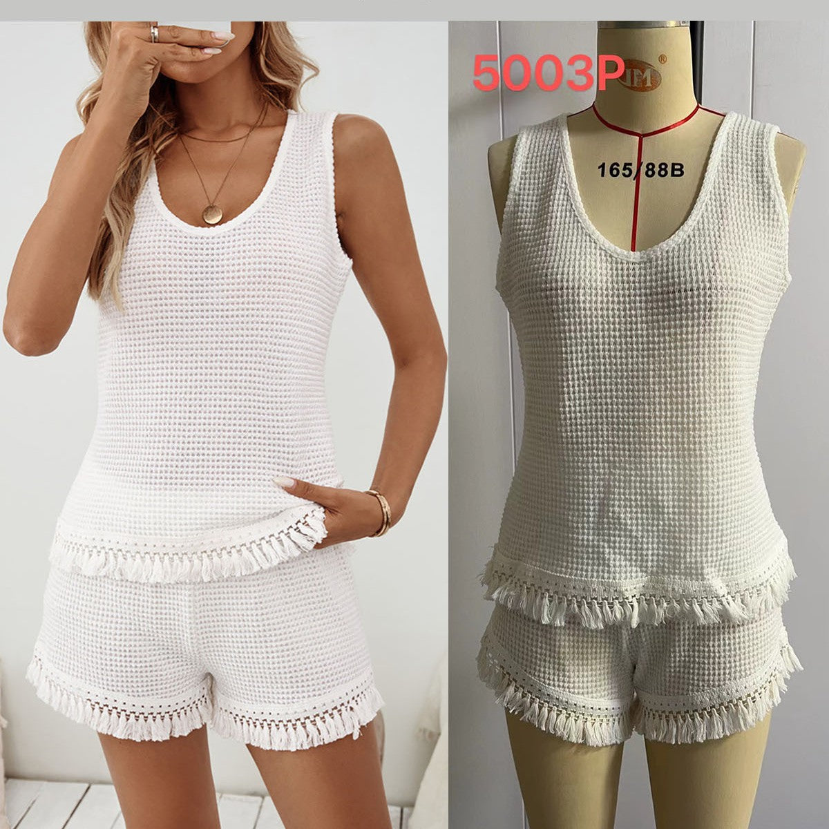 Women Casual Solid Color Breathable Tassel Shorts Two-Piece Set