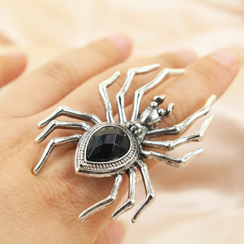 Anillo de araña ajustable con apertura de estilo oscuro vintage exagerado para mujer de Halloween