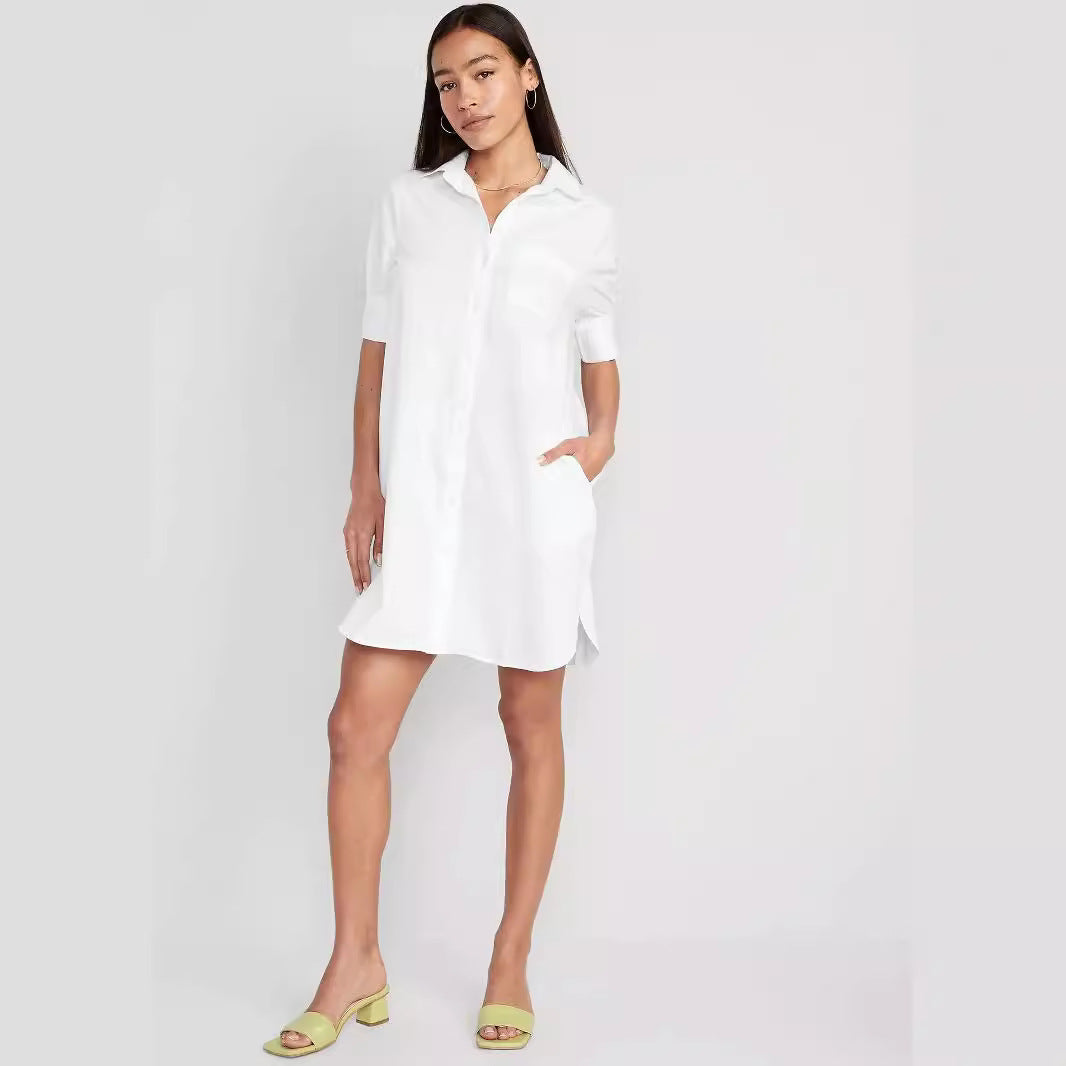 Vestido informal sencillo de manga corta con solapa para mujer