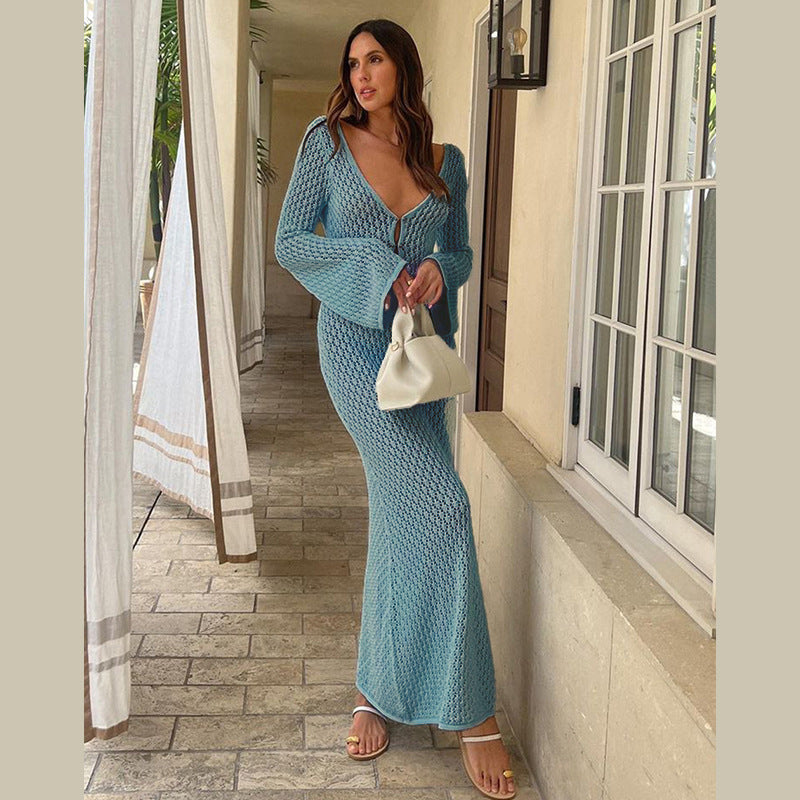 Vestido playero de punto con cuello en V para mujer, ideal para el tiempo libre en verano