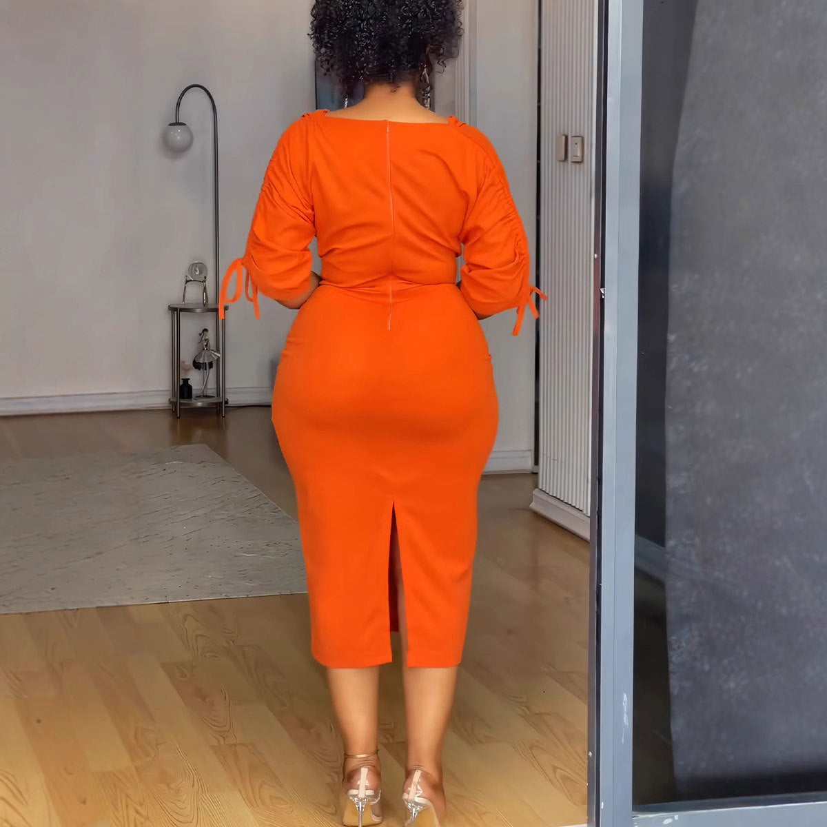 Women Fashion Solid Color Sleeve Drawstring Midi Bodycon Dress