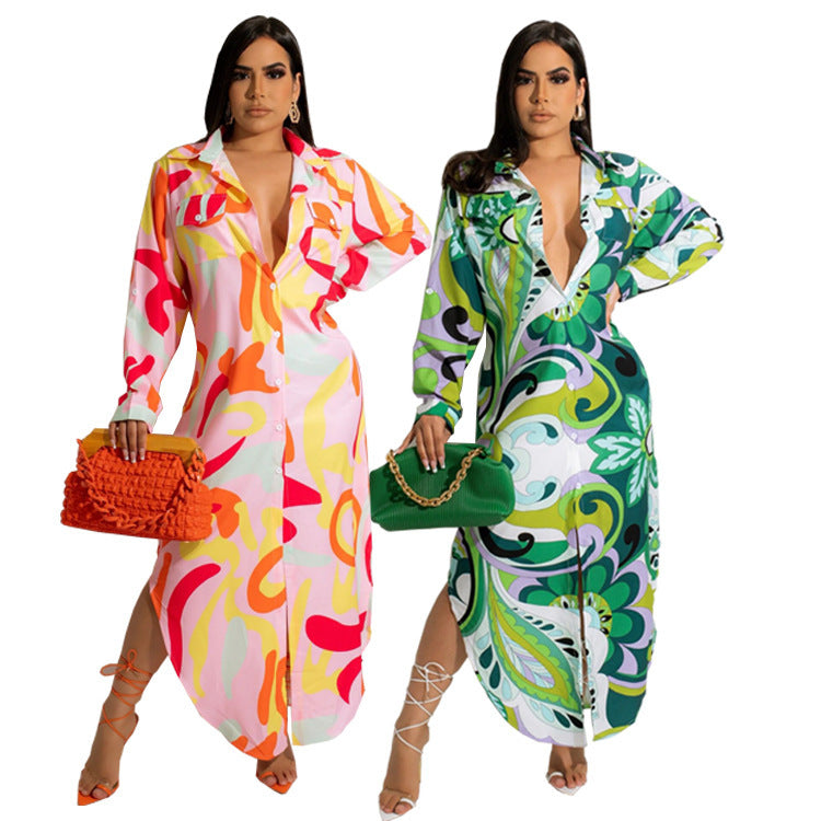 Robe chemise longue à manches longues pour femme, style bohème, tendance vacances