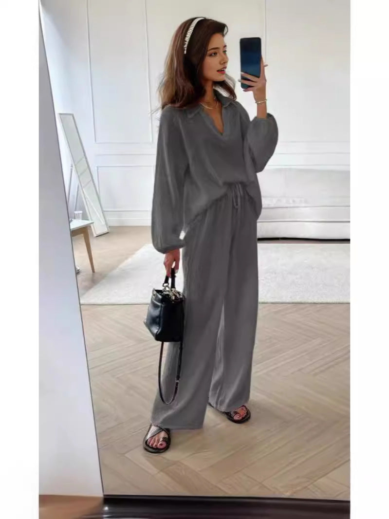 Ensemble deux pièces à col en V et couleur unie pour femme