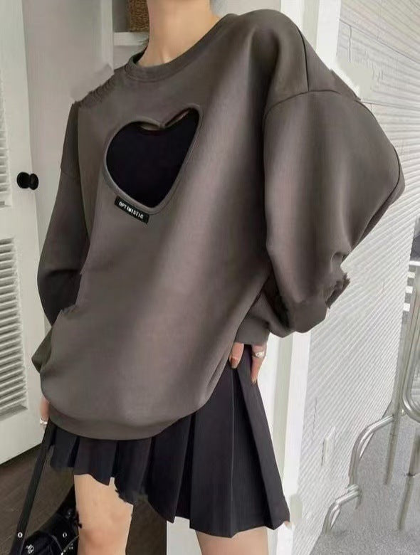 Women Autumn Winter Bat Sleeve Hollow Heart Sweatshirt