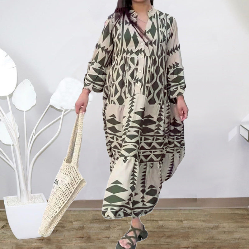 Vestido camisero largo informal bohemio con estampado geométrico y escote en V para mujer