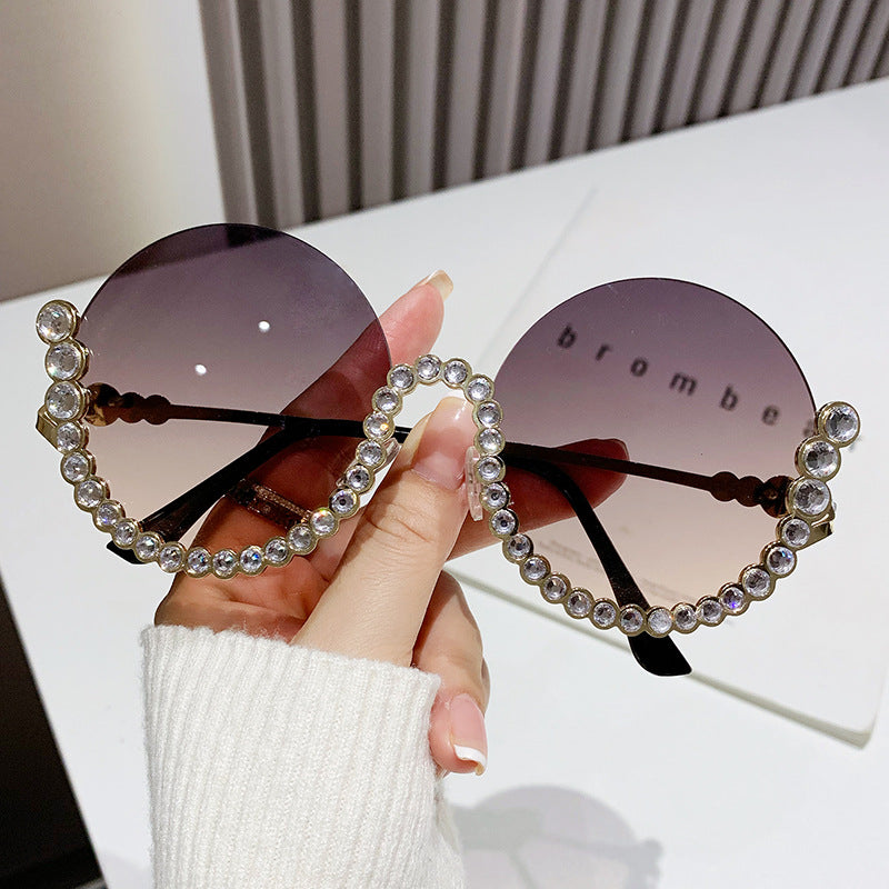 Fashion Metal Rhinestone Round Half Frame Sunglasses
