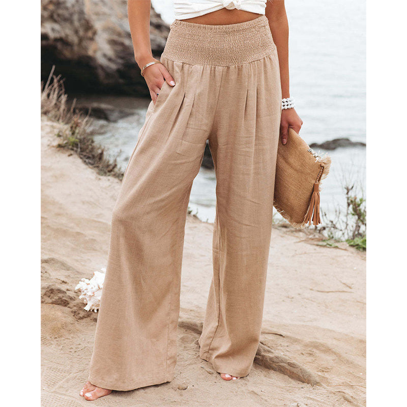 Pantalones anchos de lino y algodón para mujer con bolsillos