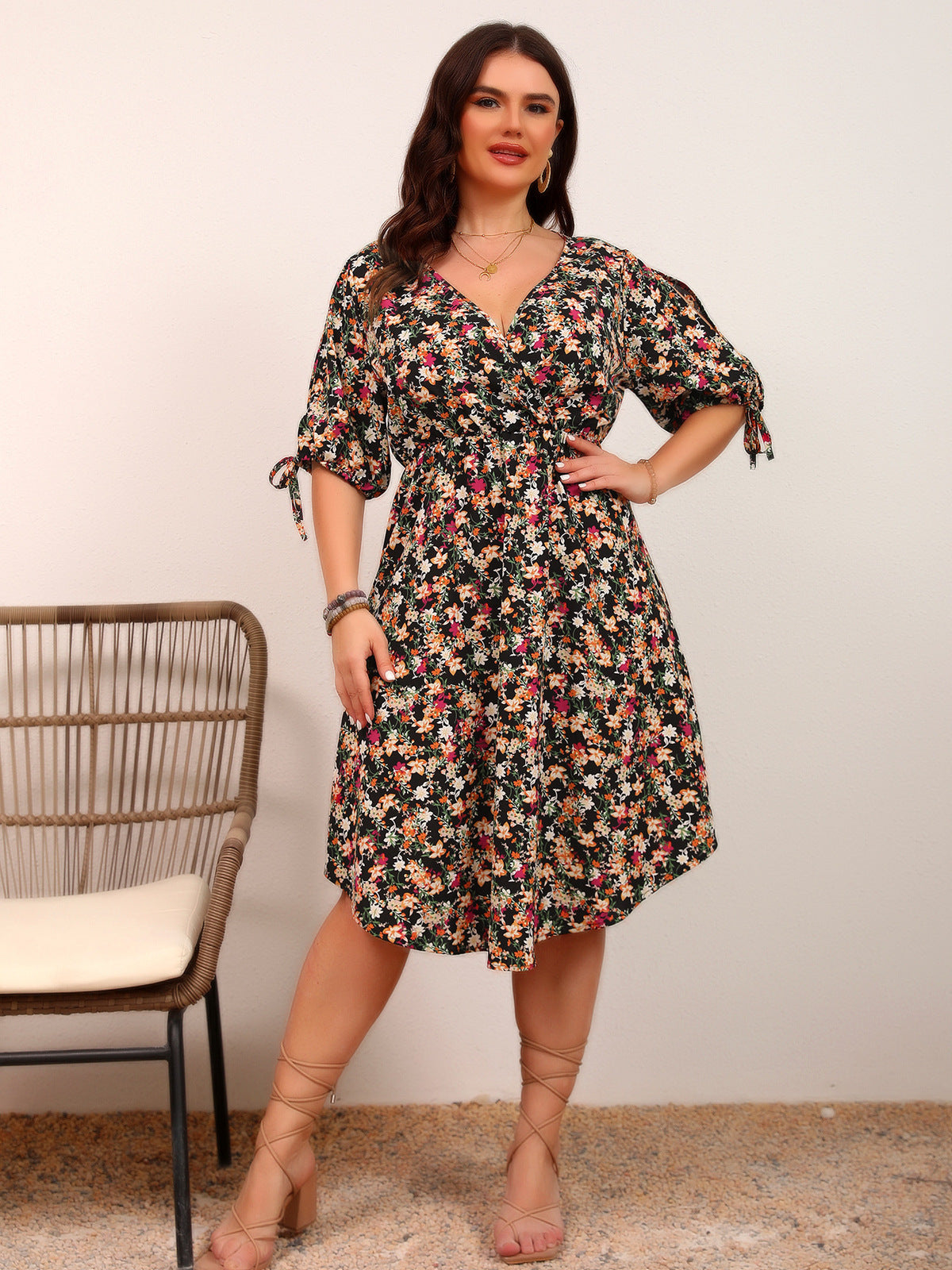 Women Fashion Elegant Plus Size Floral V-Neck Dress