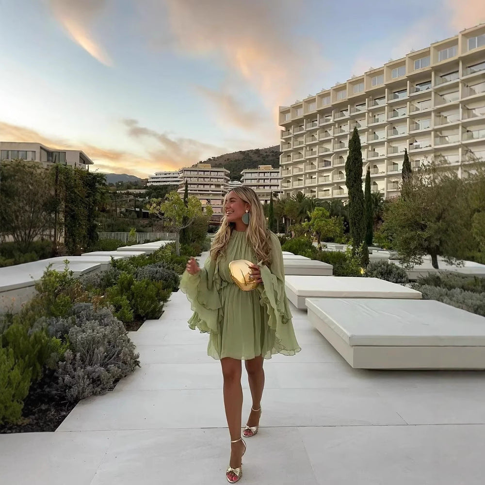 Vestido mini de verano con volantes y manga larga para playa para mujer