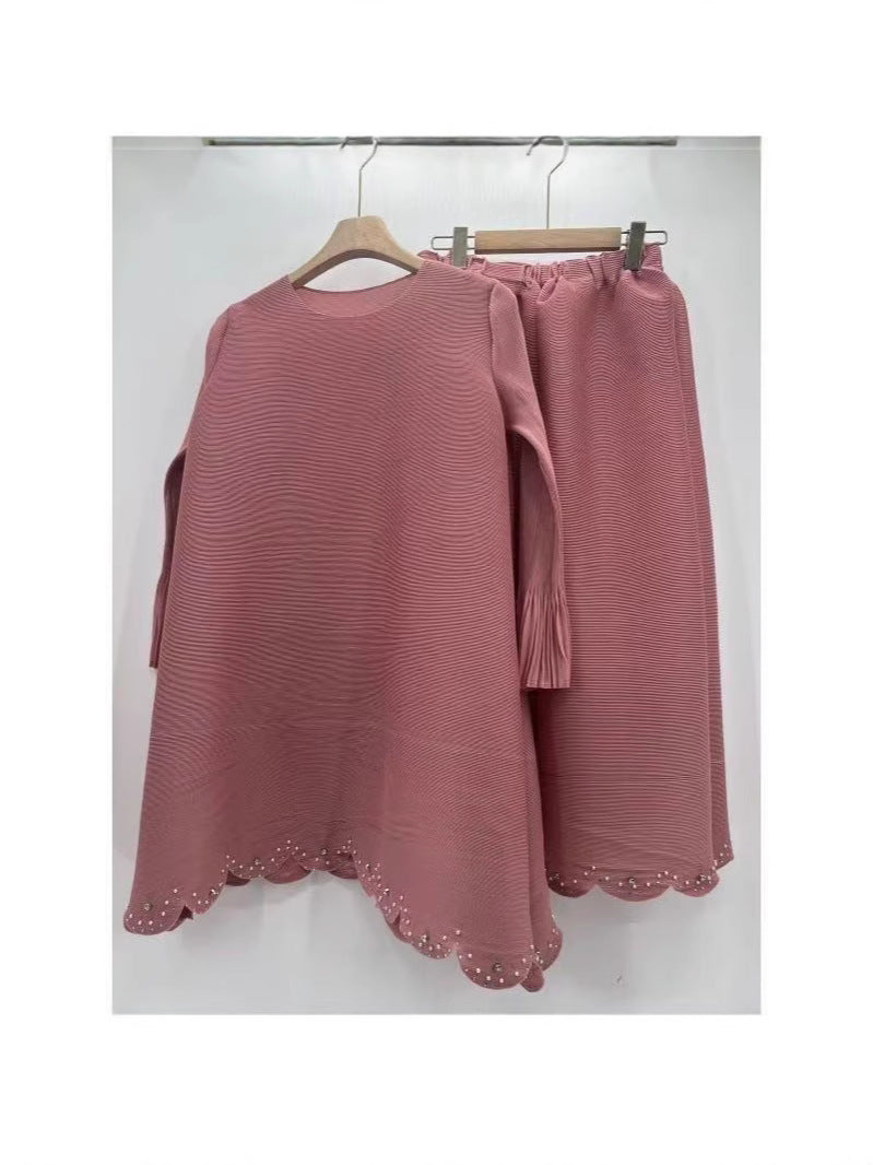 African Women Pleated Solid Color Beaded Casual Set