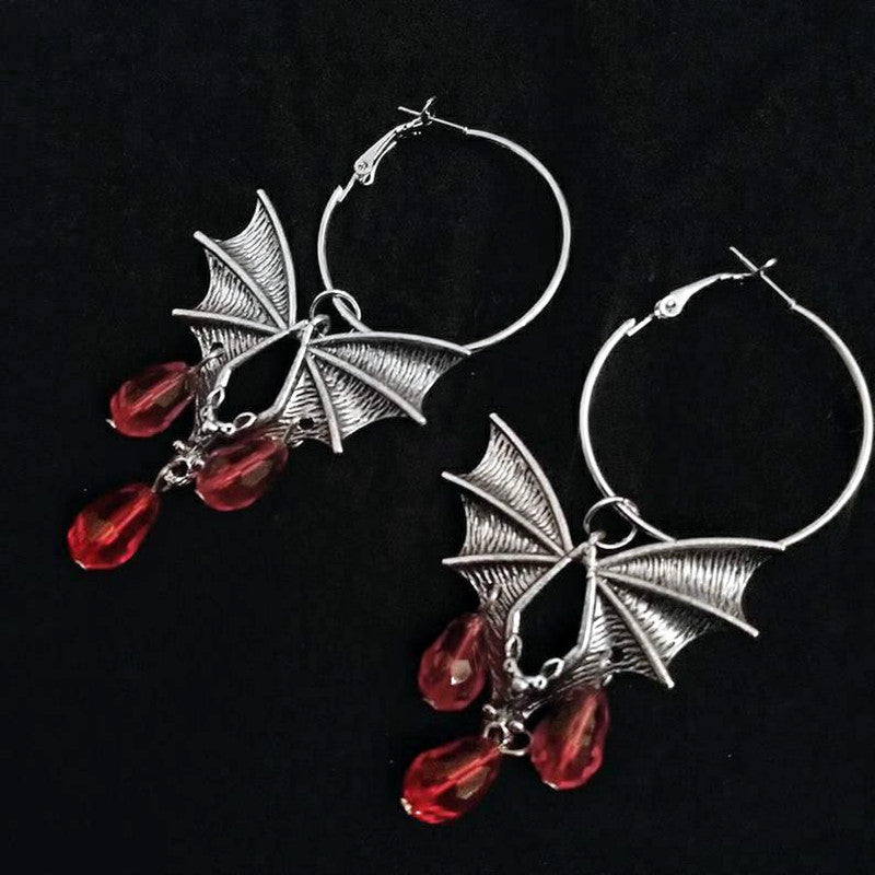 Halloween Gothic Red Vampire Bat Glass Crystal Earrings