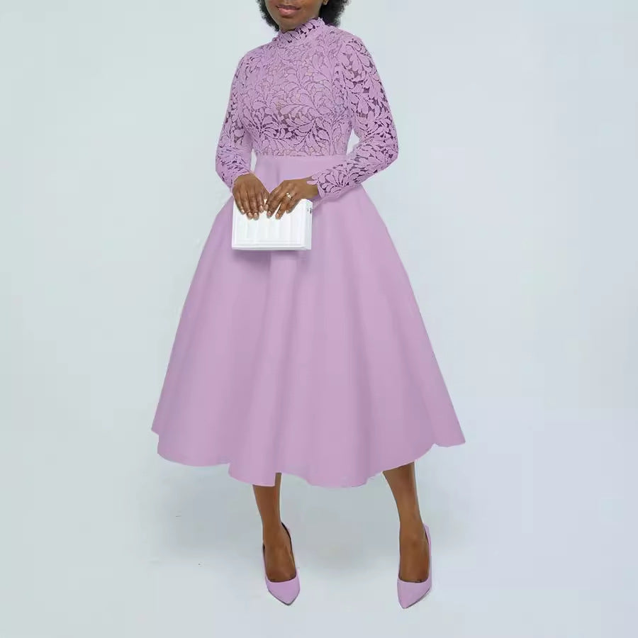 Women Fashion Solid Color Lace Petal Dress